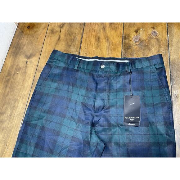 Glenmuir Pants Mens 34R Navy Green Tartan Plaid Golf Performance Stretch New - Picture 2 of 13